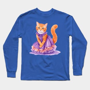 Ginger cat wearing purple dress for Halloween Long Sleeve T-Shirt